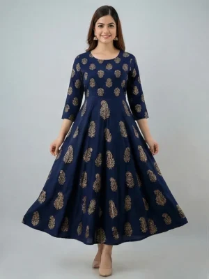 bluerayongoldfoilprintkurti