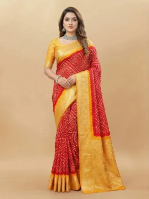 chiffonbandhaniprintsaree red&yellow