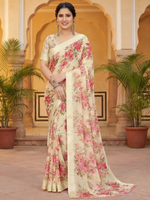 Floral Print Poly-Georgette Saree