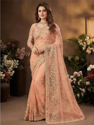 heavyembroiderednetsaree peach