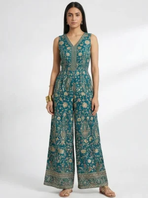 tealfloralprintethnicjumpsuit